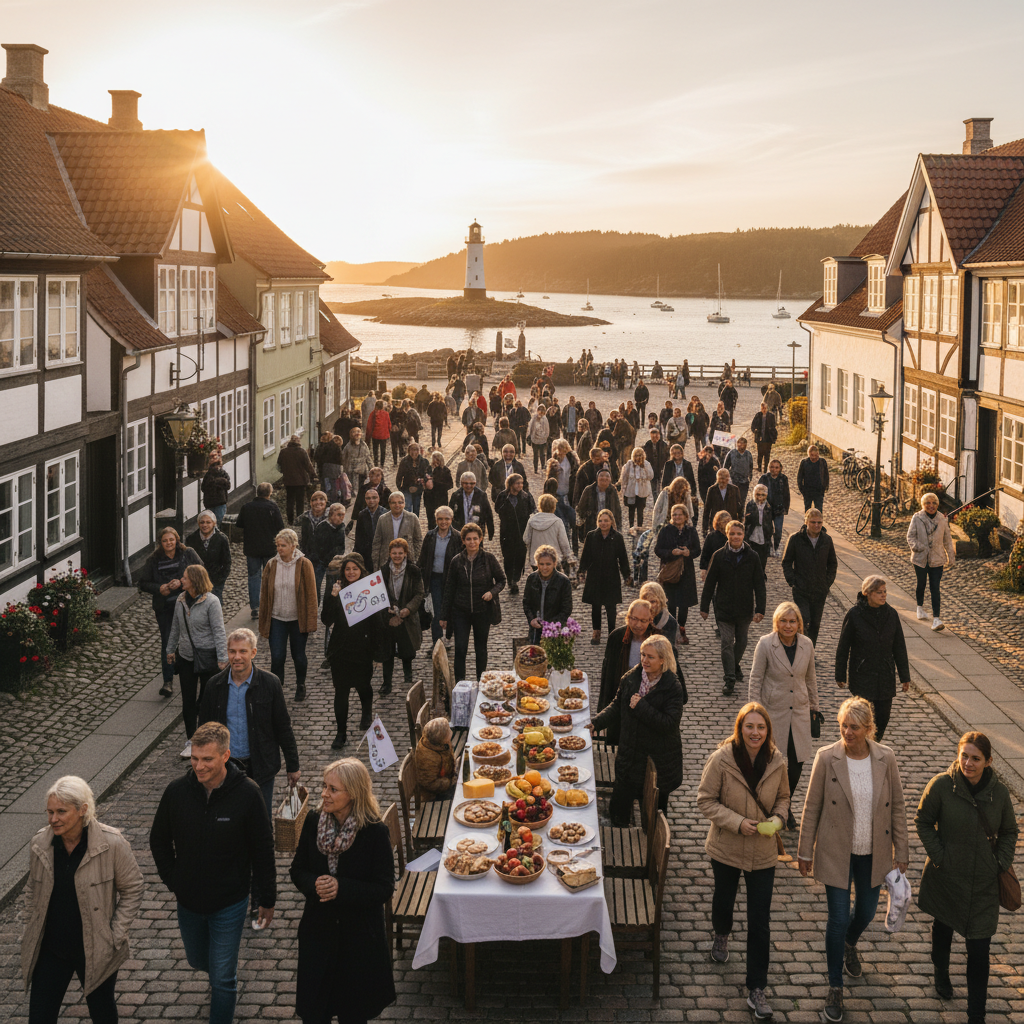 Group of diverse people joining a community event in Denmark, horizontal