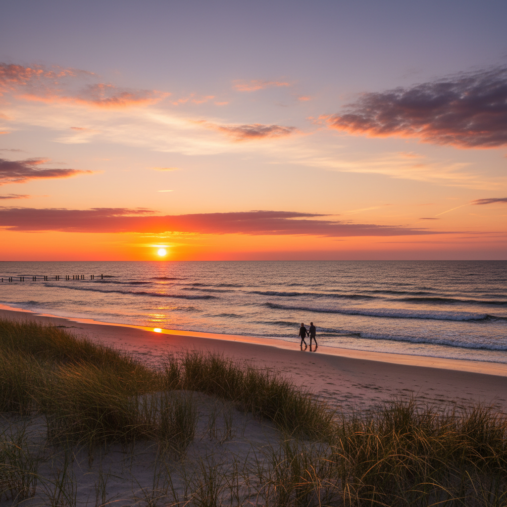 Romantic sunset view over a Danish beach, horizontal