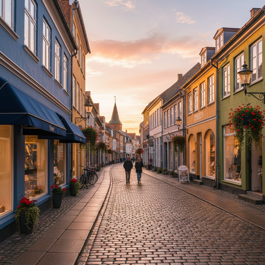 Boutique shopping street in Aalborg, Denmark, horizontal