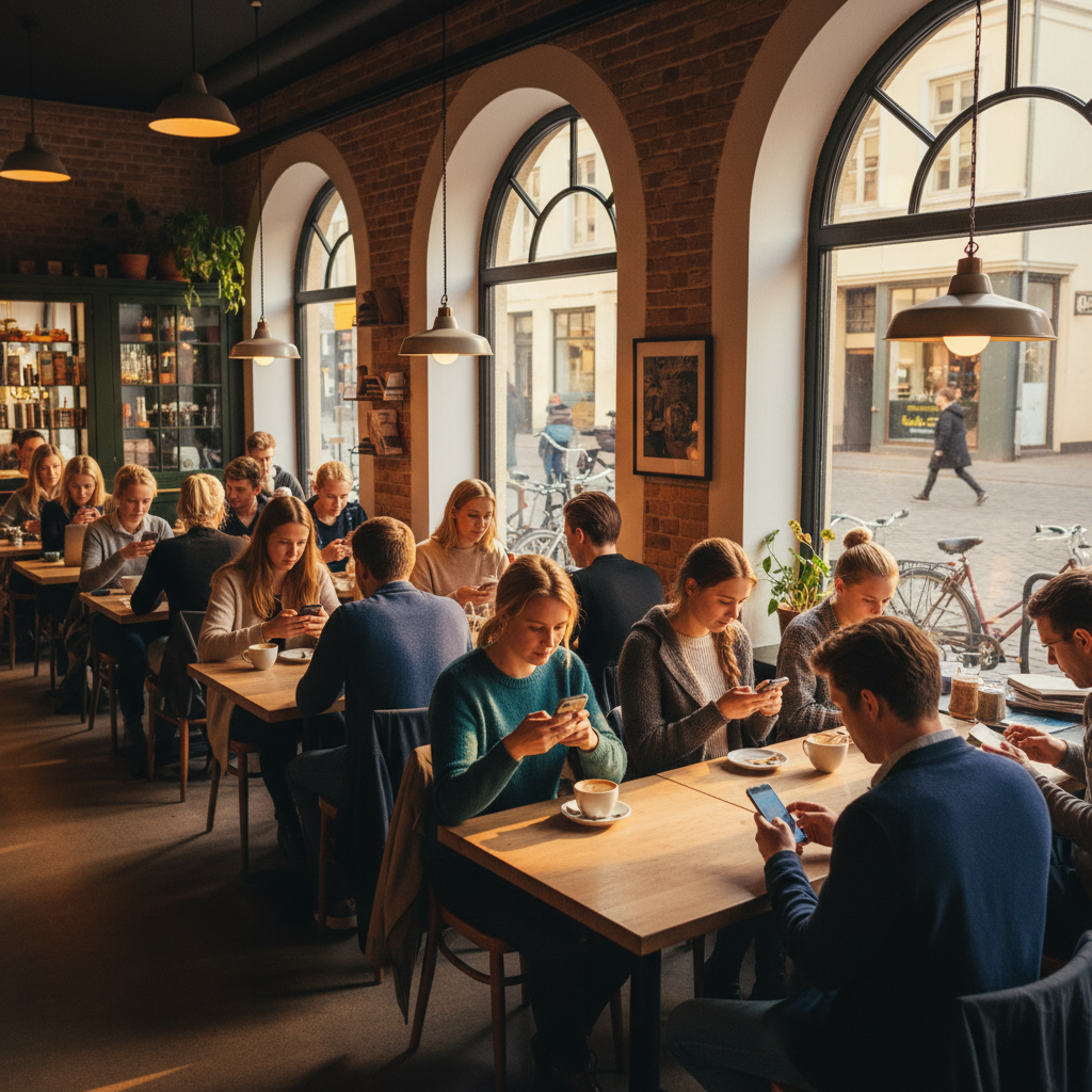 Young adults using smartphones in a cafe in Denmark, horizontal