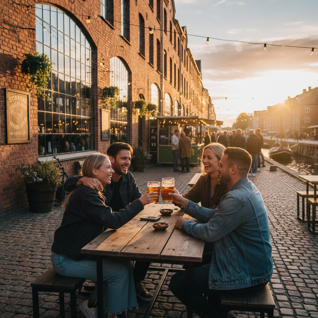Friends meeting at a bar in Odense, Denmark, horizontal
