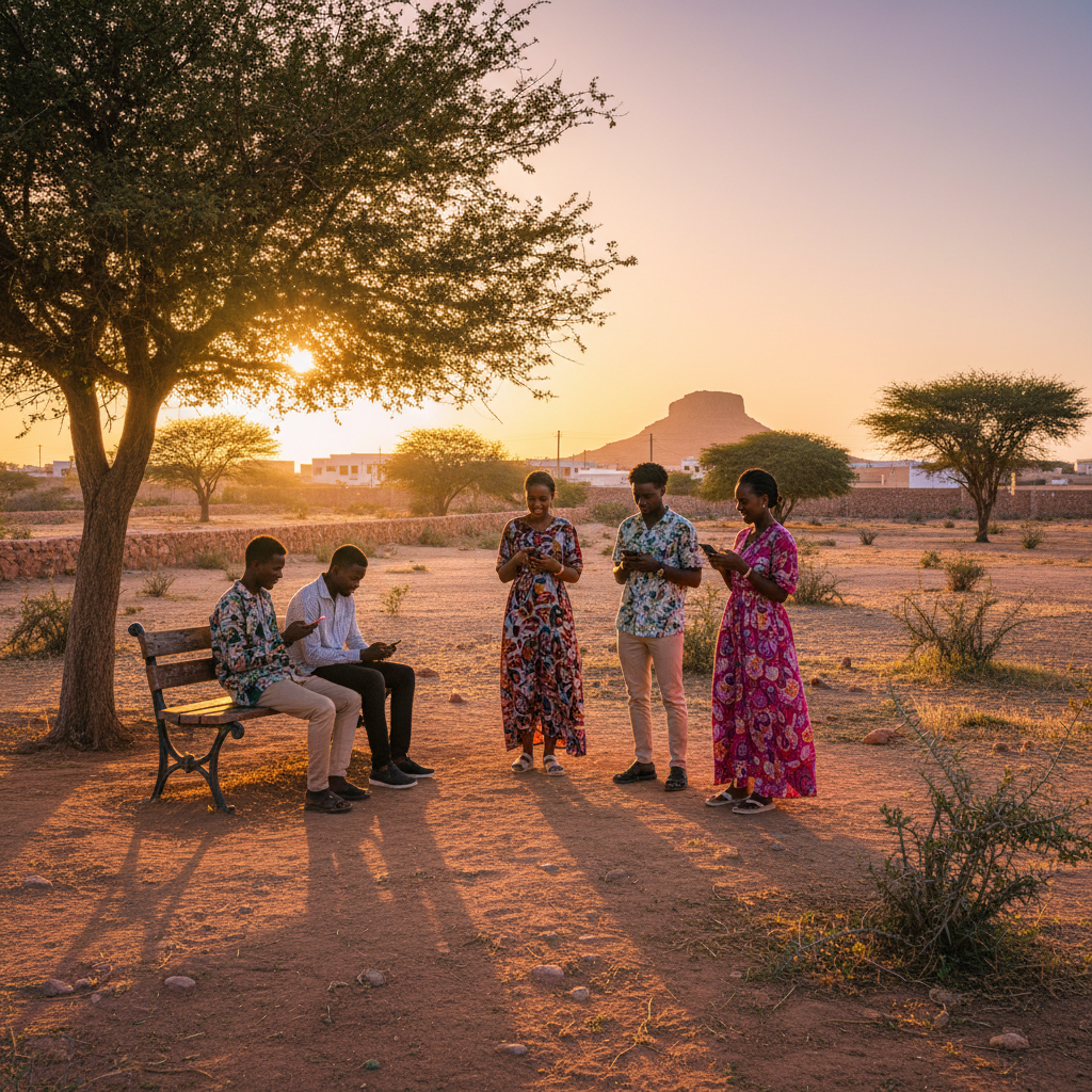 Djibouti youth sharing phone moments horizontal