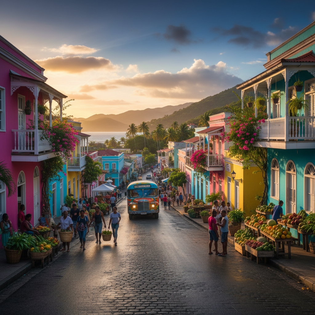 Roseau Dominica colorful colonial waterfront harbor Caribbean boats