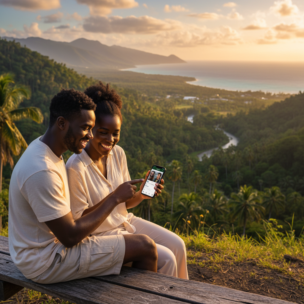 Couple hiking Trafalgar Falls Dominica tropical jungle waterfall romantic