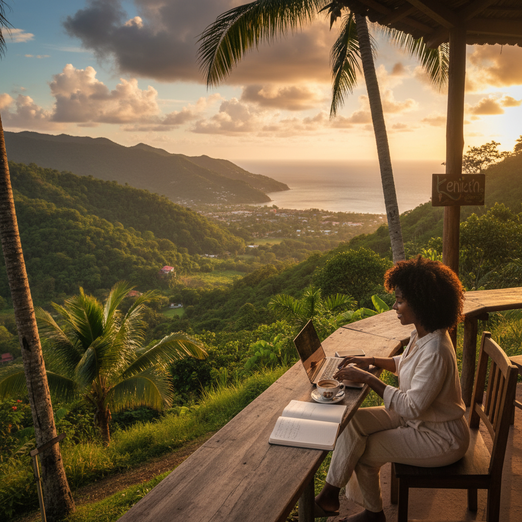 Young Dominican professional smartphone Roseau waterfront cafe terrace