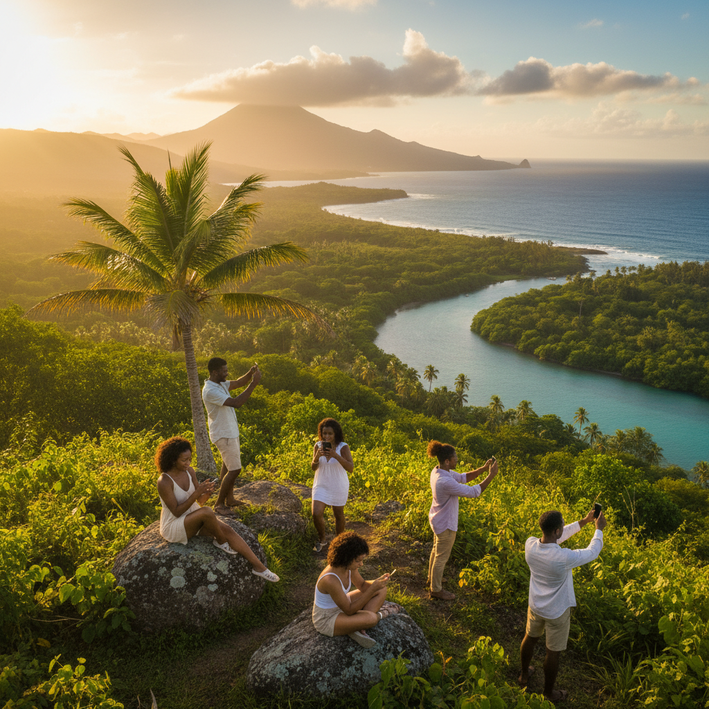 Dominica young adults using smartphones outdoors