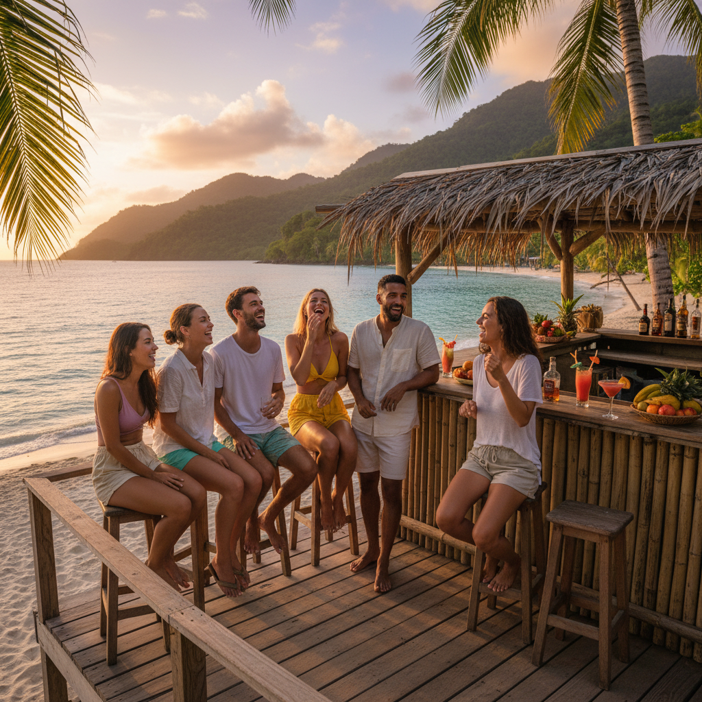 Dominica friends laughing at beachside bar