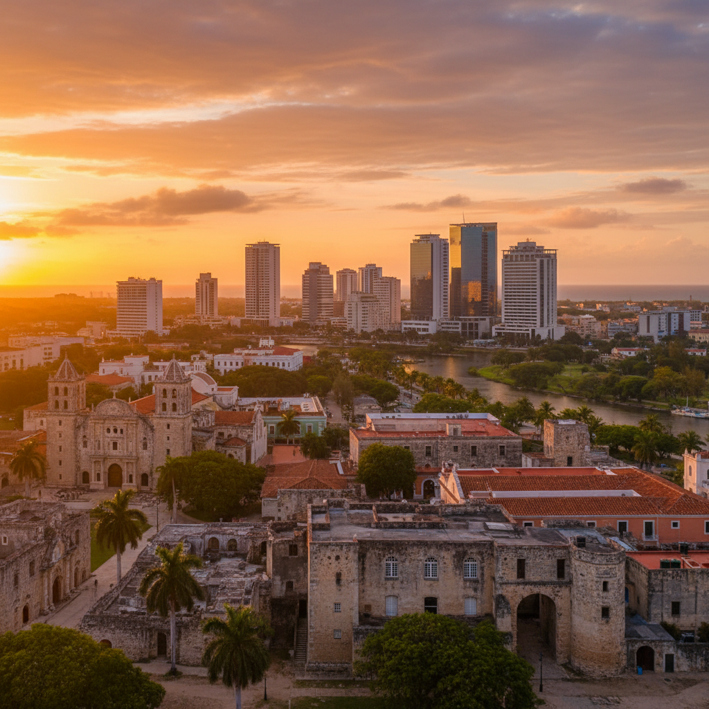 Santo Domingo cityscape, colonial architecture, modern buildings, horizontal
