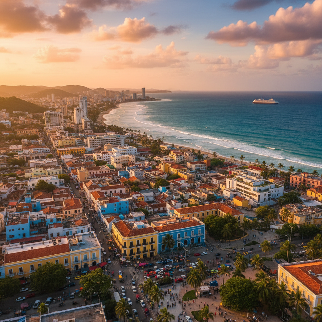 Dominican Republic overview, vibrant city life, street photography, horizontal