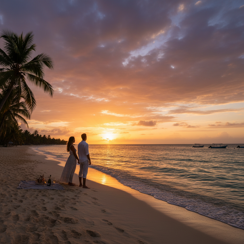 Dominican Republic romantic couple, beach walk, sunset, horizontal