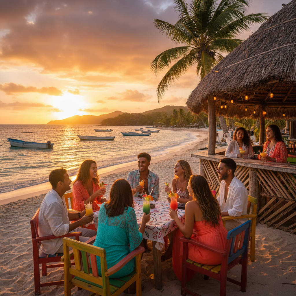 Dominican Republic popular meeting spots, Malecón at sunset, beach club, horizontal