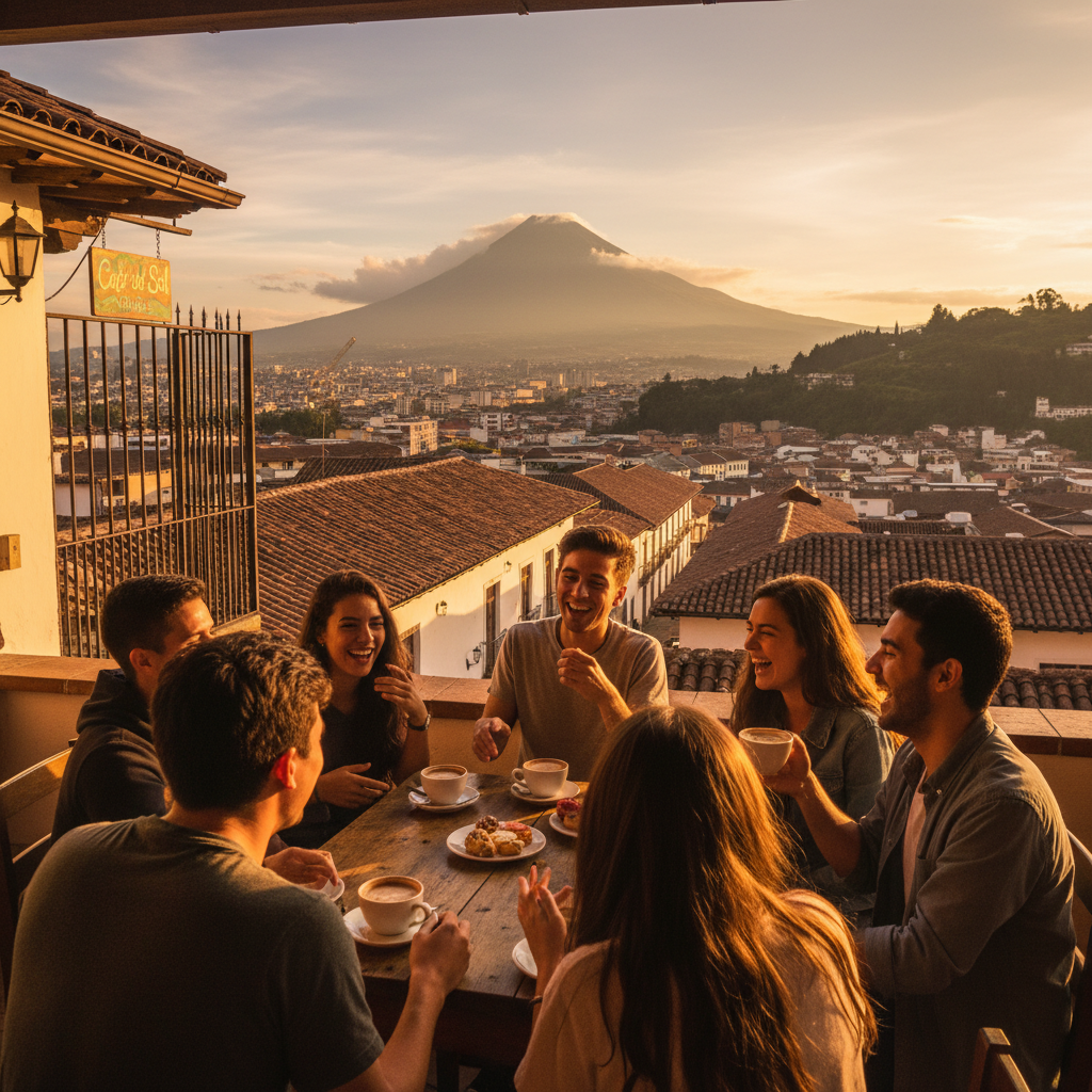 Young adults socializing in Quito cafe