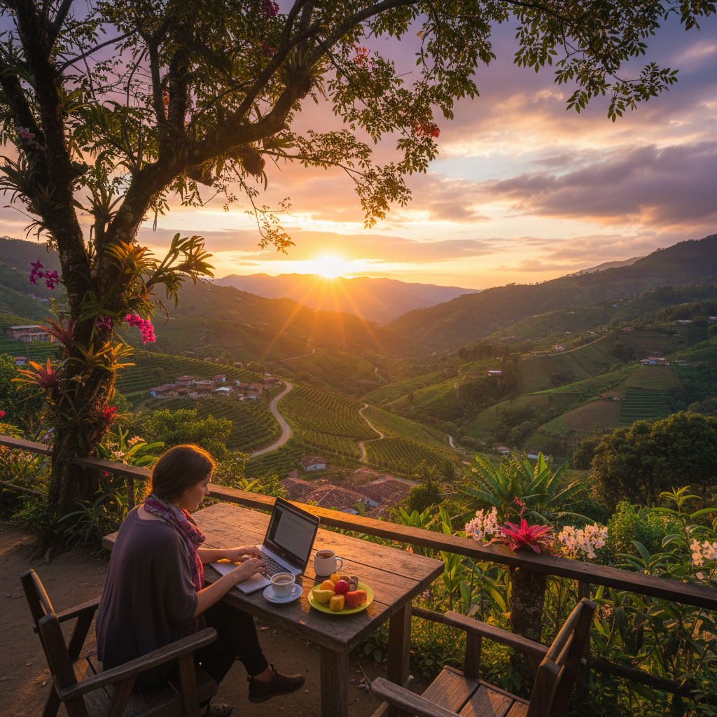 Person working on laptop in cafe Ecuador