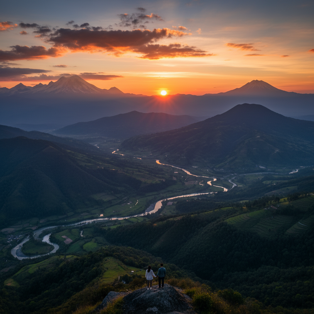 Romantic sunset view over Andes mountains Ecuador
