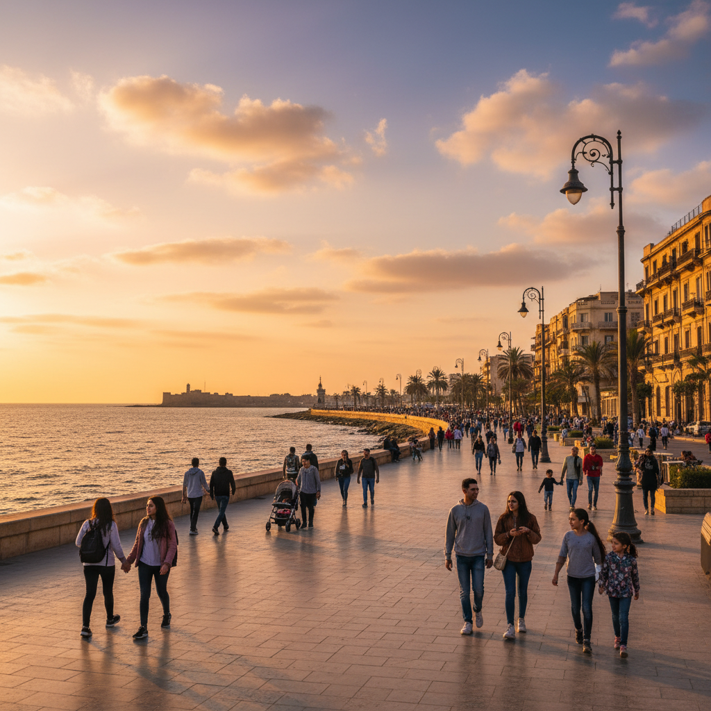 panoramic view of the Alexandria Corniche with people strolling