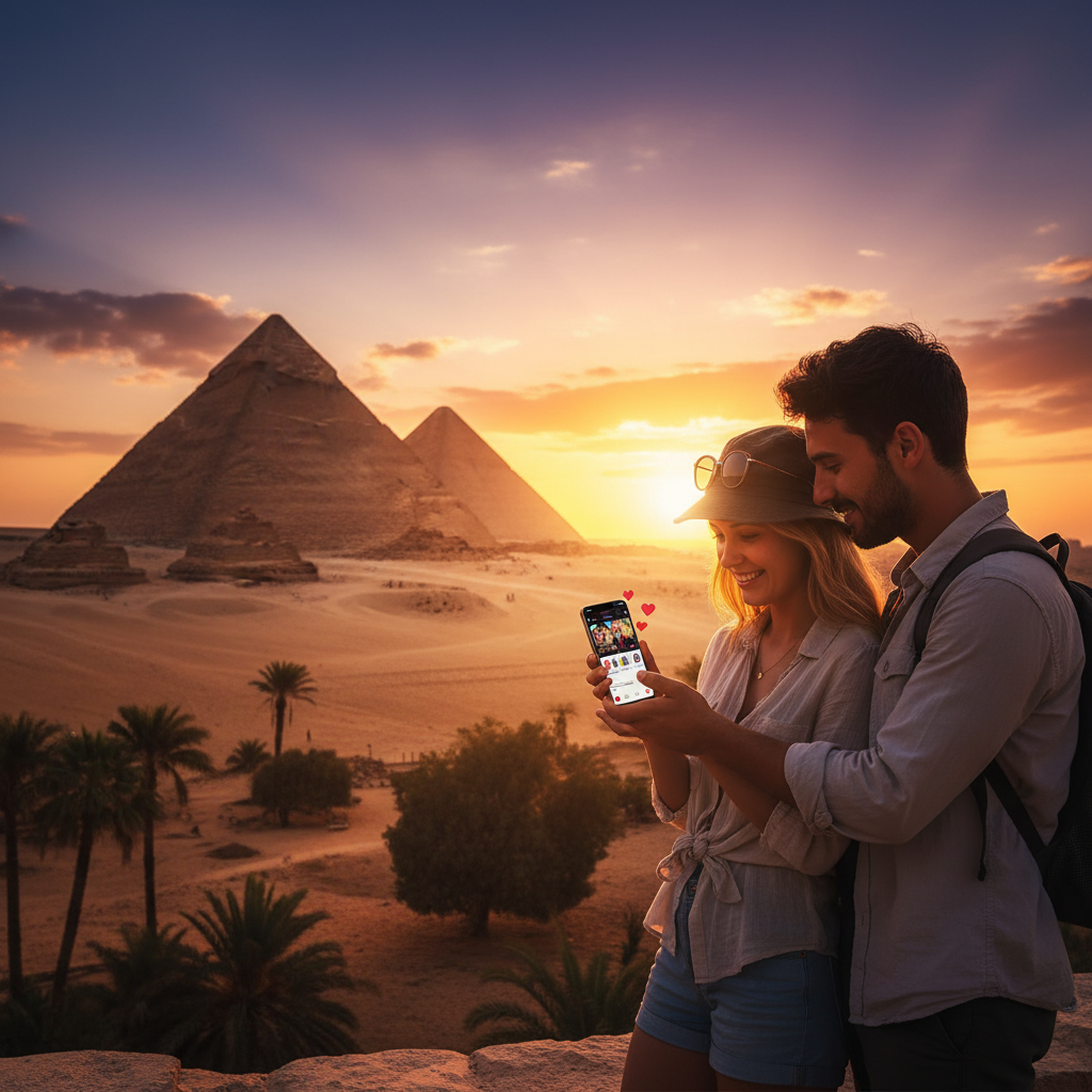 couple looking at a dating app on a phone with pyramids in the background