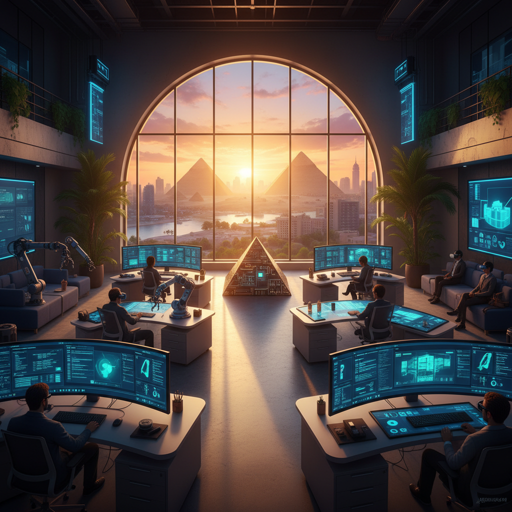 modern Egyptian businesses and technology in an office setting