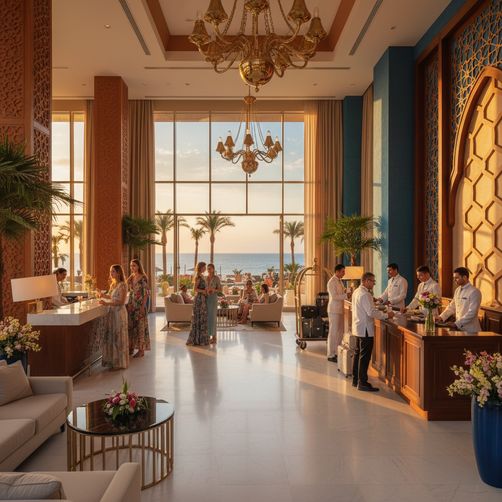 luxury hotel lobby in Sharm El Sheikh with guests checking in