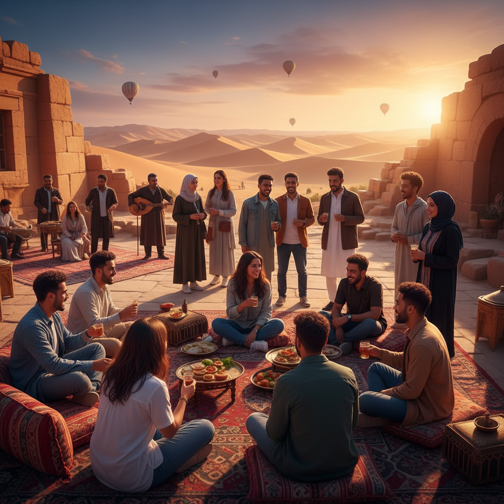 diverse group of young Egyptians mingling at a social gathering