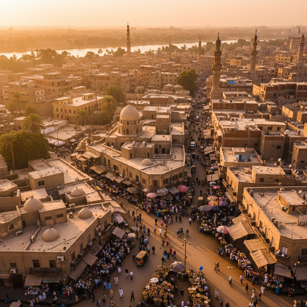 overhead view of Cairo street life bustling with people and shops