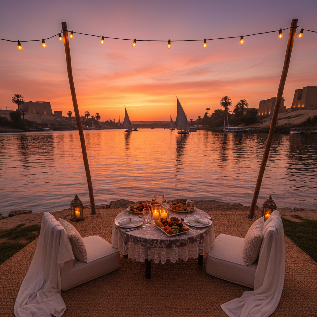 romantic sunset dinner setting by the Nile River in Egypt