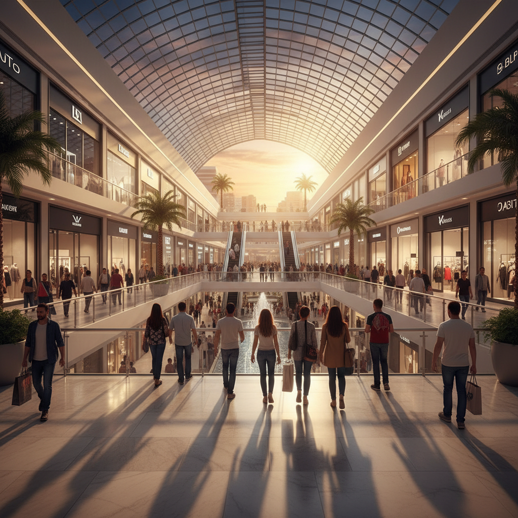 busy shopping mall in Cairo with shoppers and modern storefronts