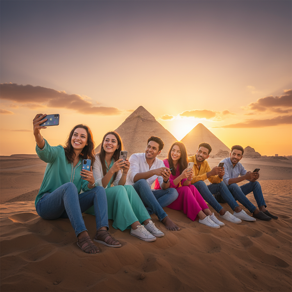young Egyptians engaging with smartphones and social media feeds
