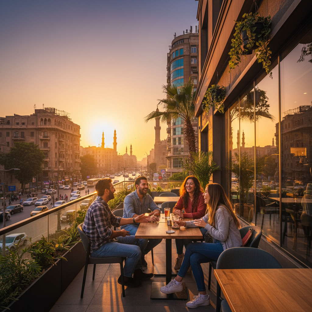 friends laughing and talking at a modern cafe in downtown Cairo