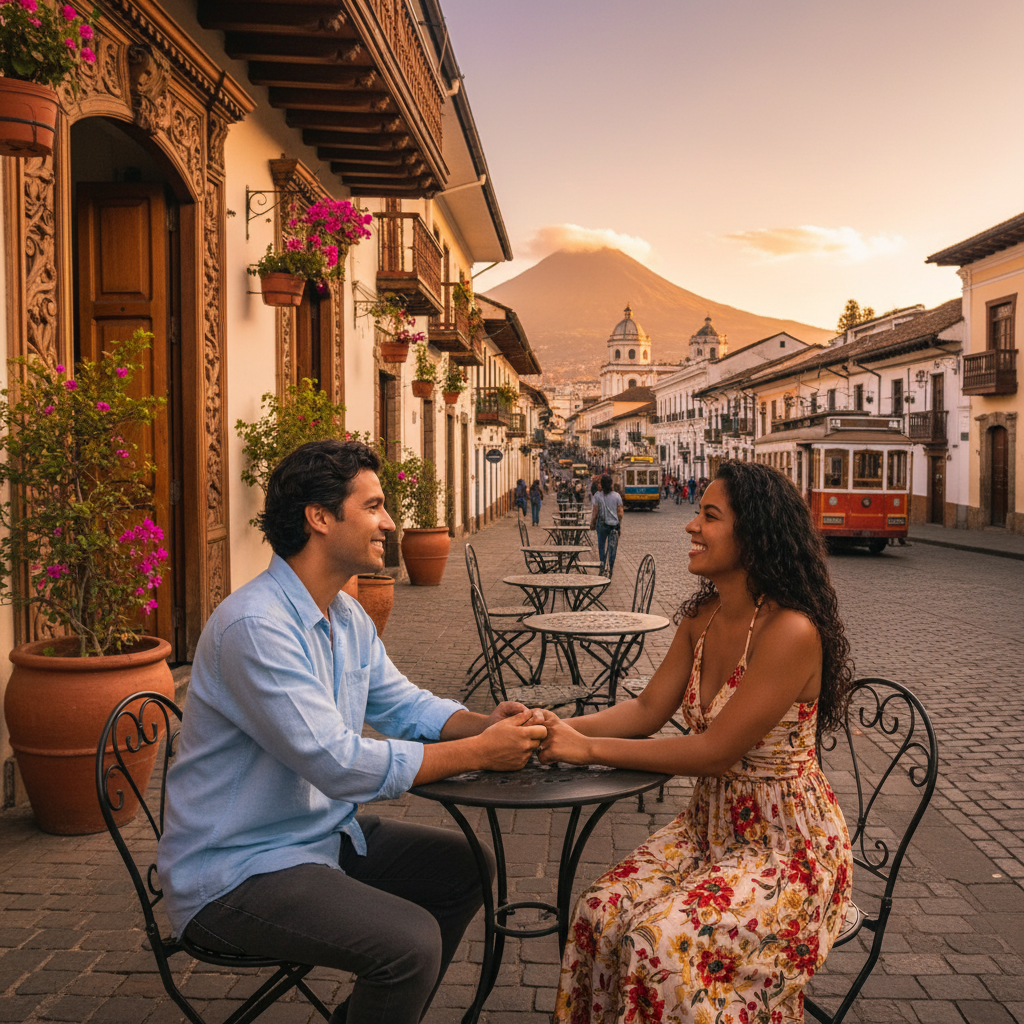 Latin couple cafe meeting smiling Quito colonial setting