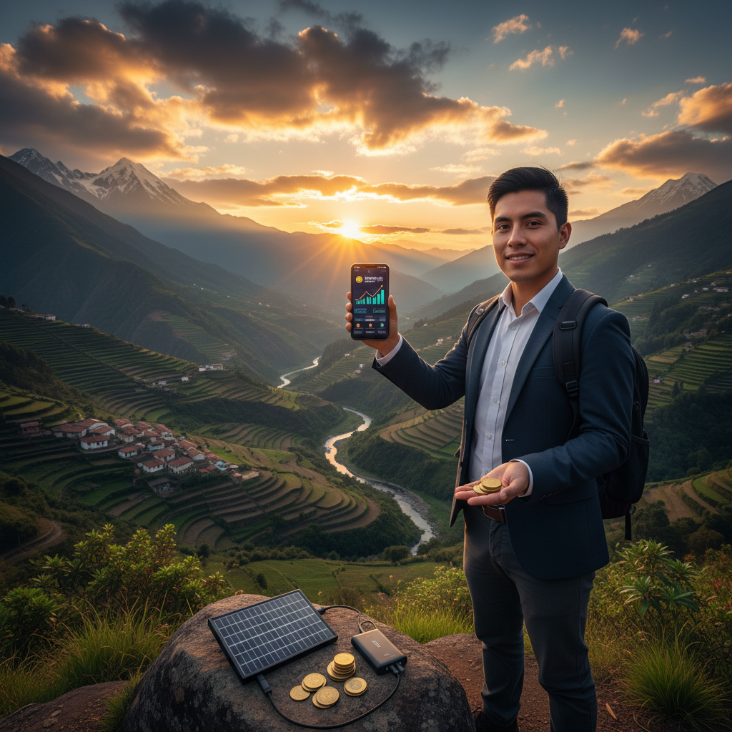 Ecuador young professional smartphone coins digital earning