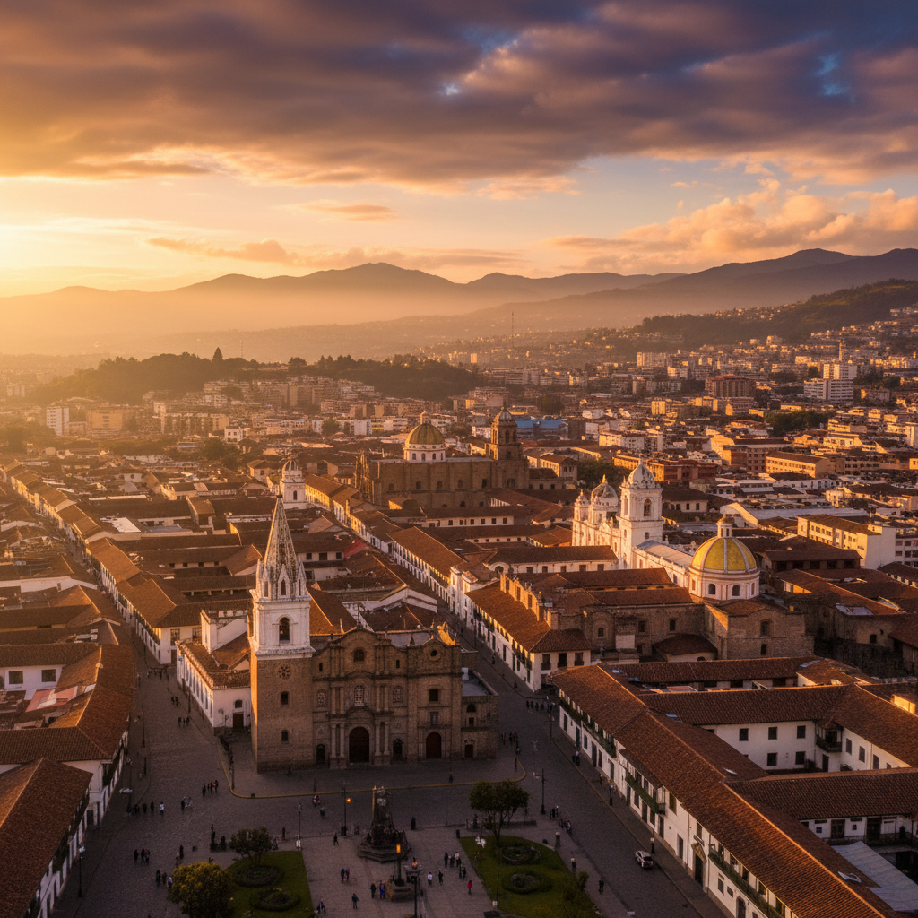 Quito historic center colonial churches panorama golden hour