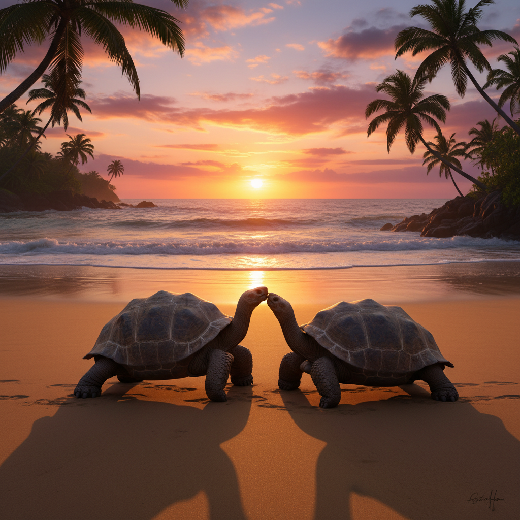 Galapagos Islands giant tortoise romantic sunset beach