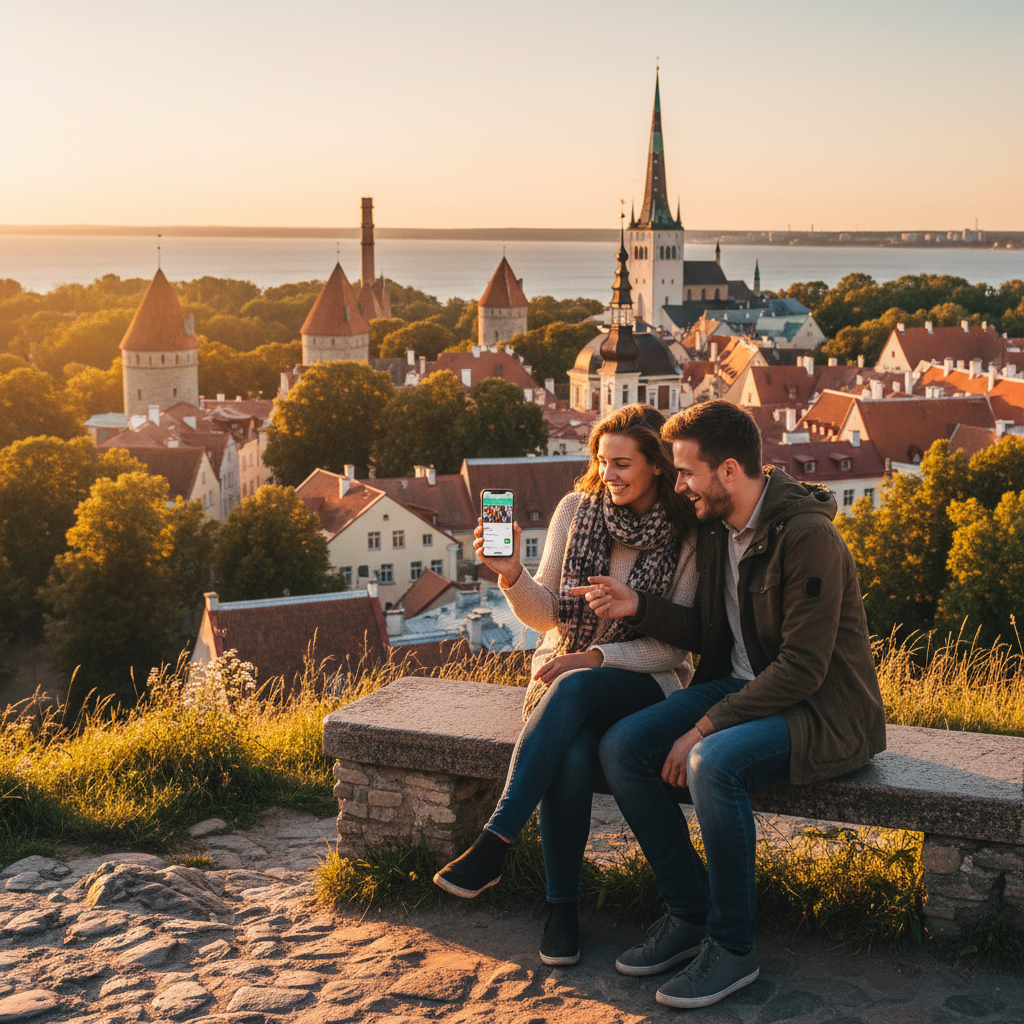 Estonian couple walking Tallinn old town cobblestone streets evening