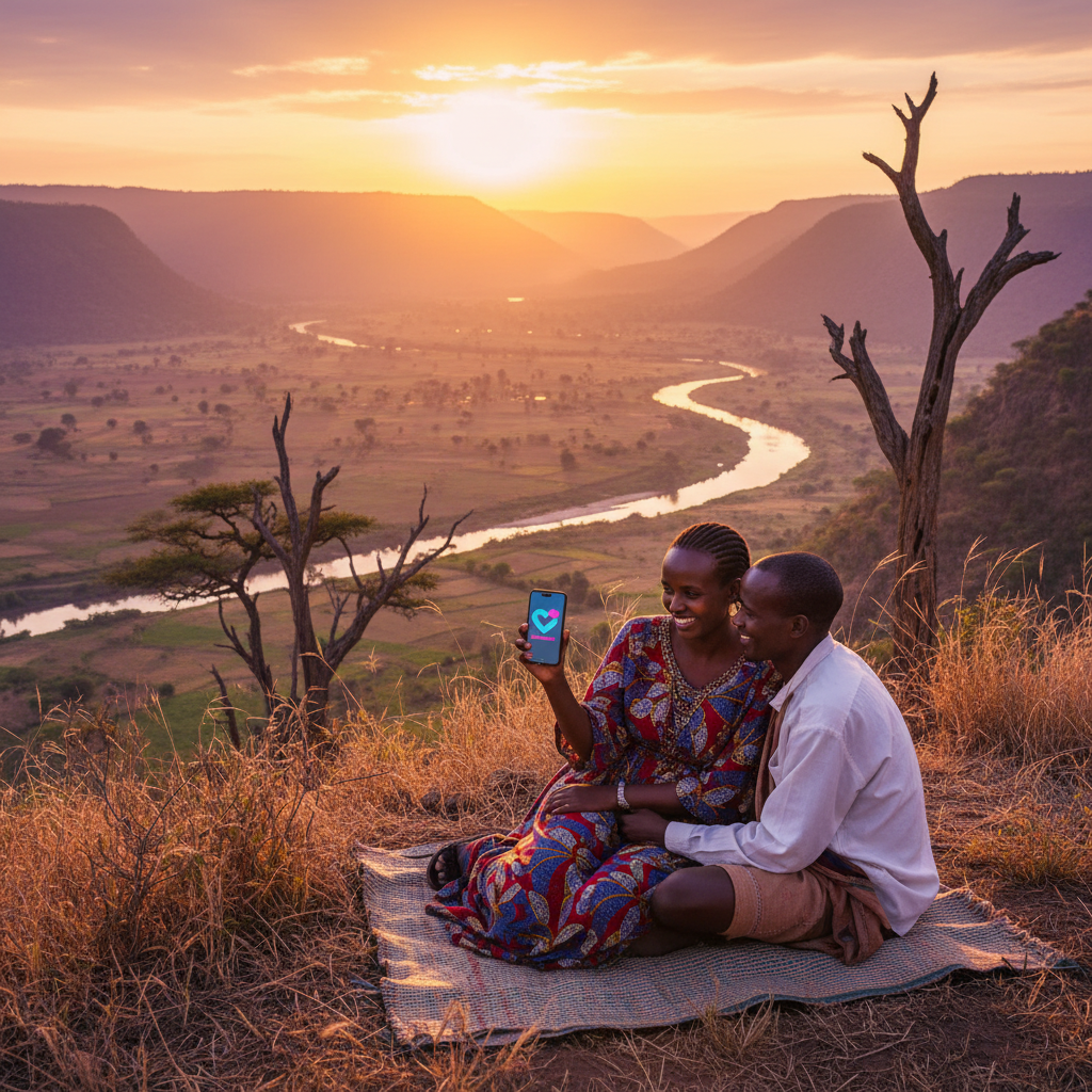 Ethiopia couple using mobile dating app horizontal
