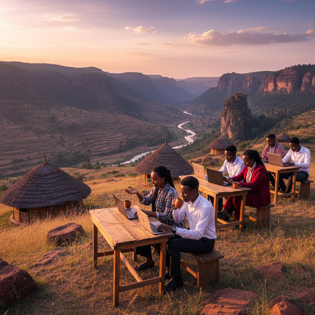 Ethiopia young professionals working on laptops horizontal