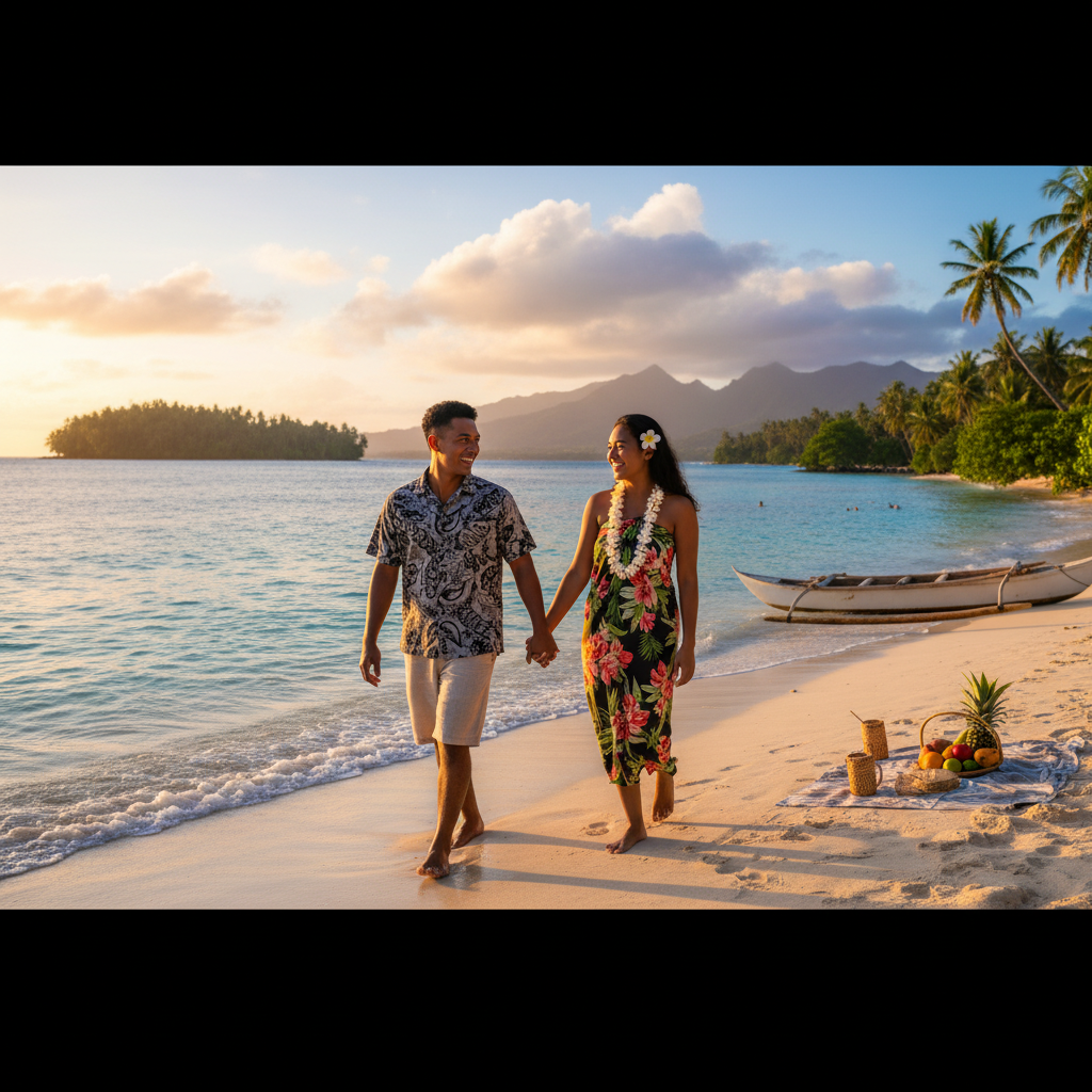 Fijian couple beach meeting smiling tropical sunset