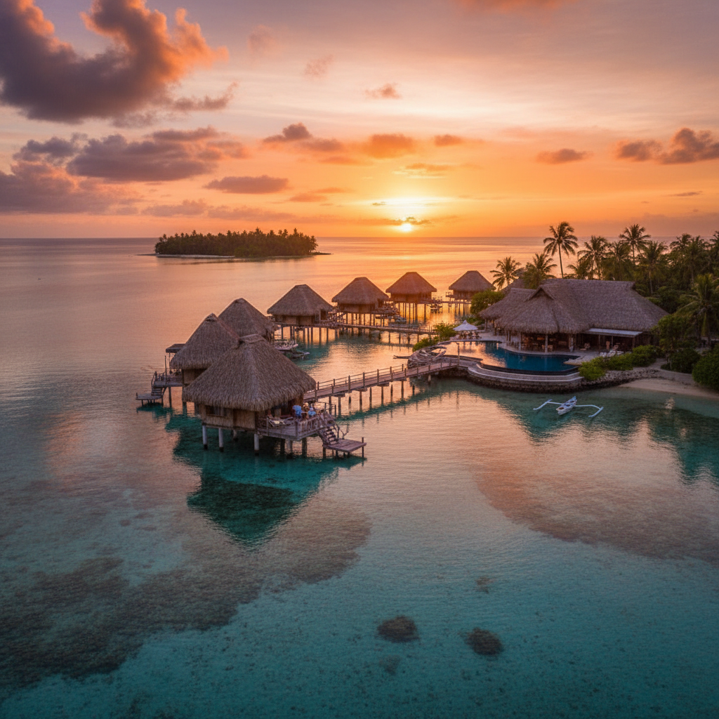 Fiji overwater bungalow luxury resort Mamanuca lagoon sunset