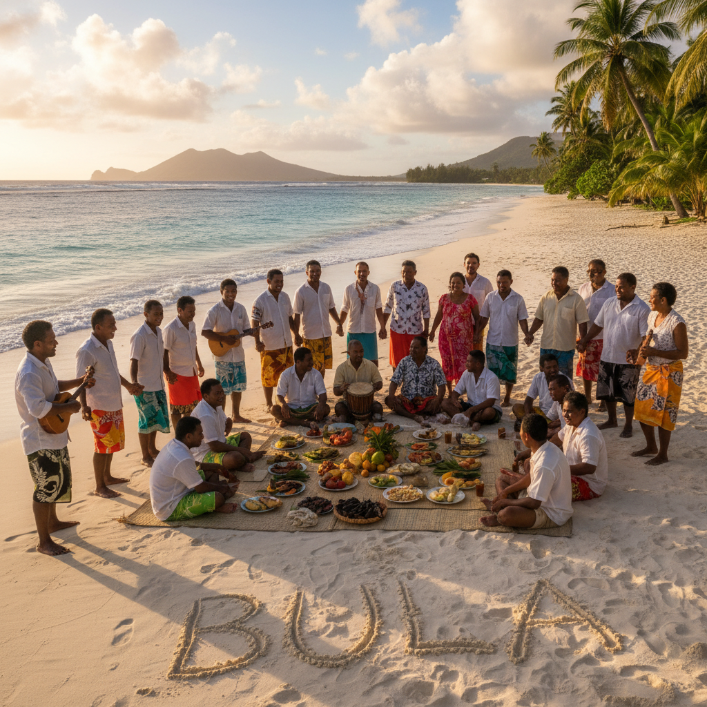 Fiji diverse people social gathering connection beach bula