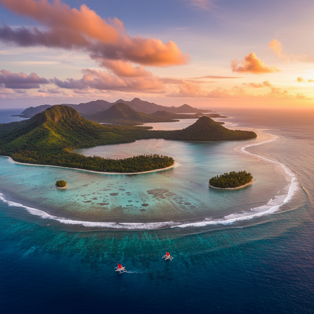 Fiji tropical islands aerial turquoise lagoon sunset golden hour