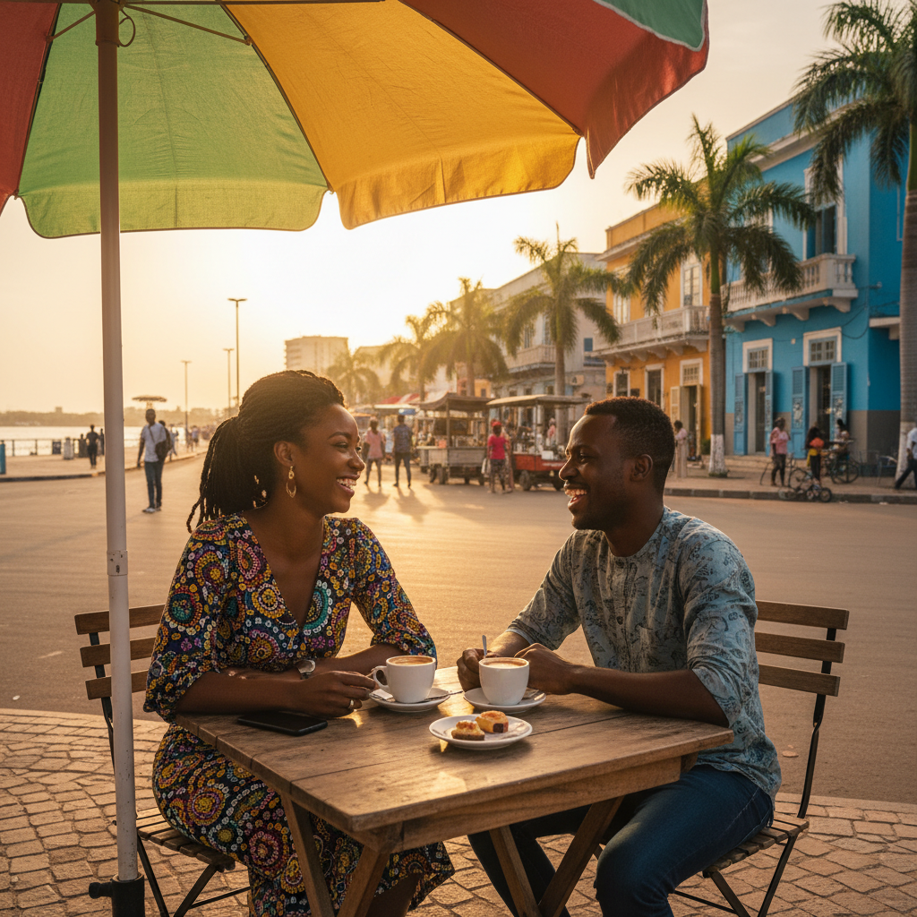 African couple cafe meeting smiling Abidjan