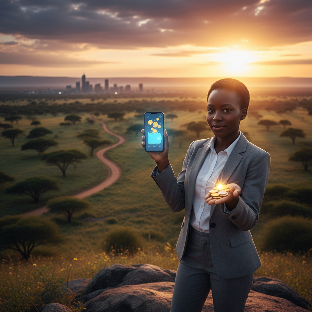 African young professional smartphone coins digital