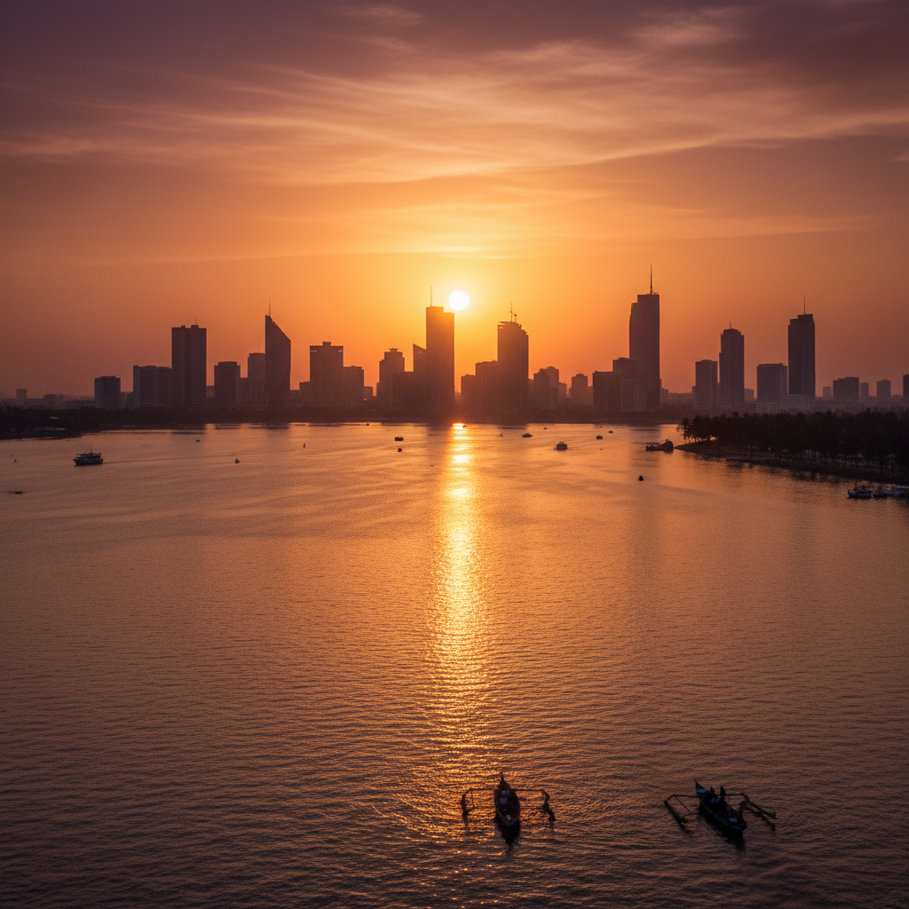 Abidjan Plateau skyline lagoon sunset golden hour