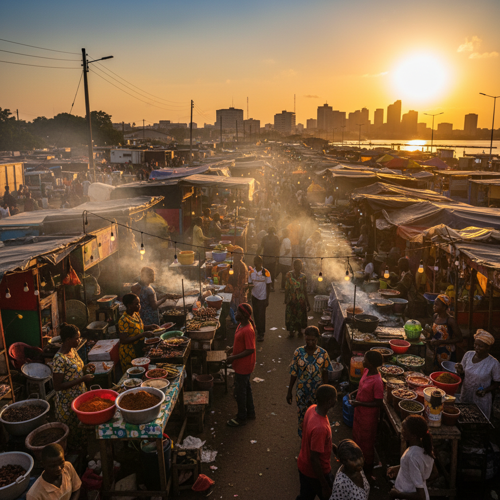 Abidjan street food market vibrant night scene