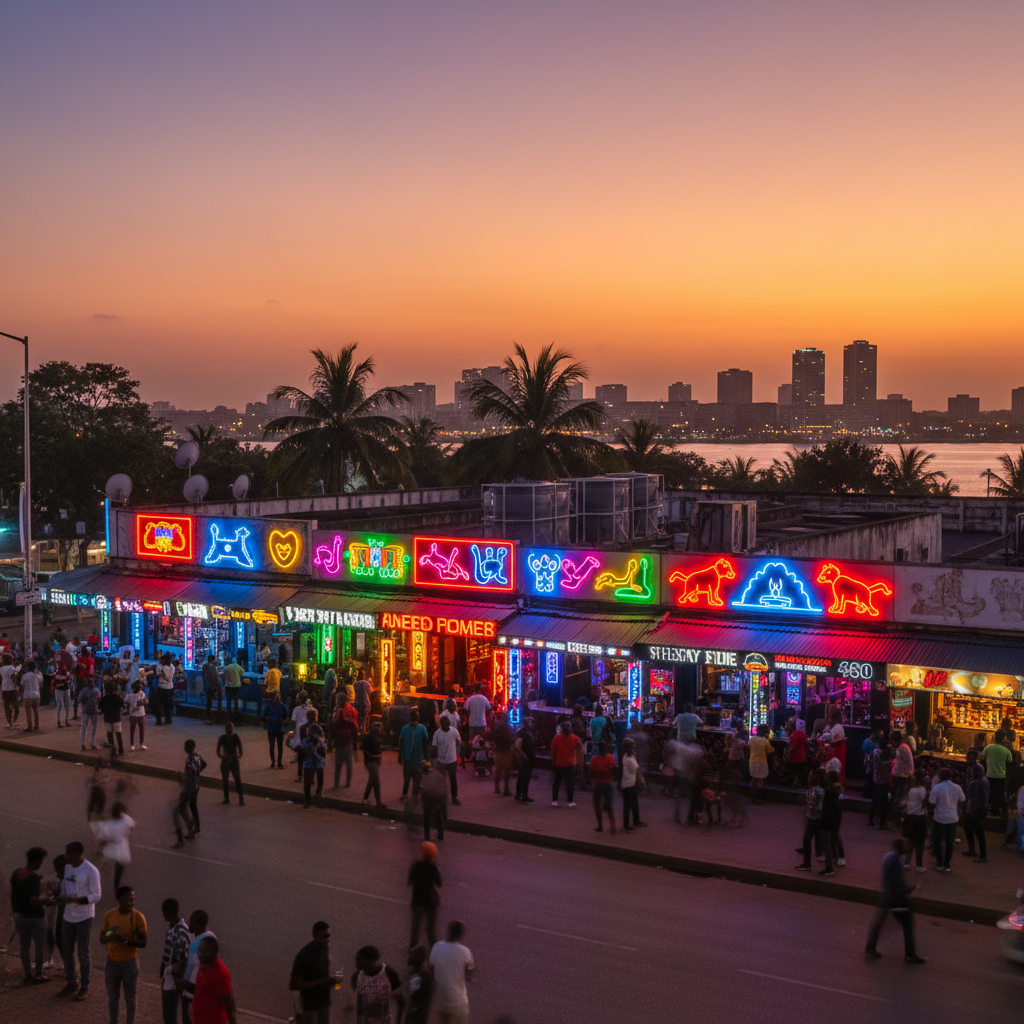 Abidjan Zone 4 nightlife bar neon lights