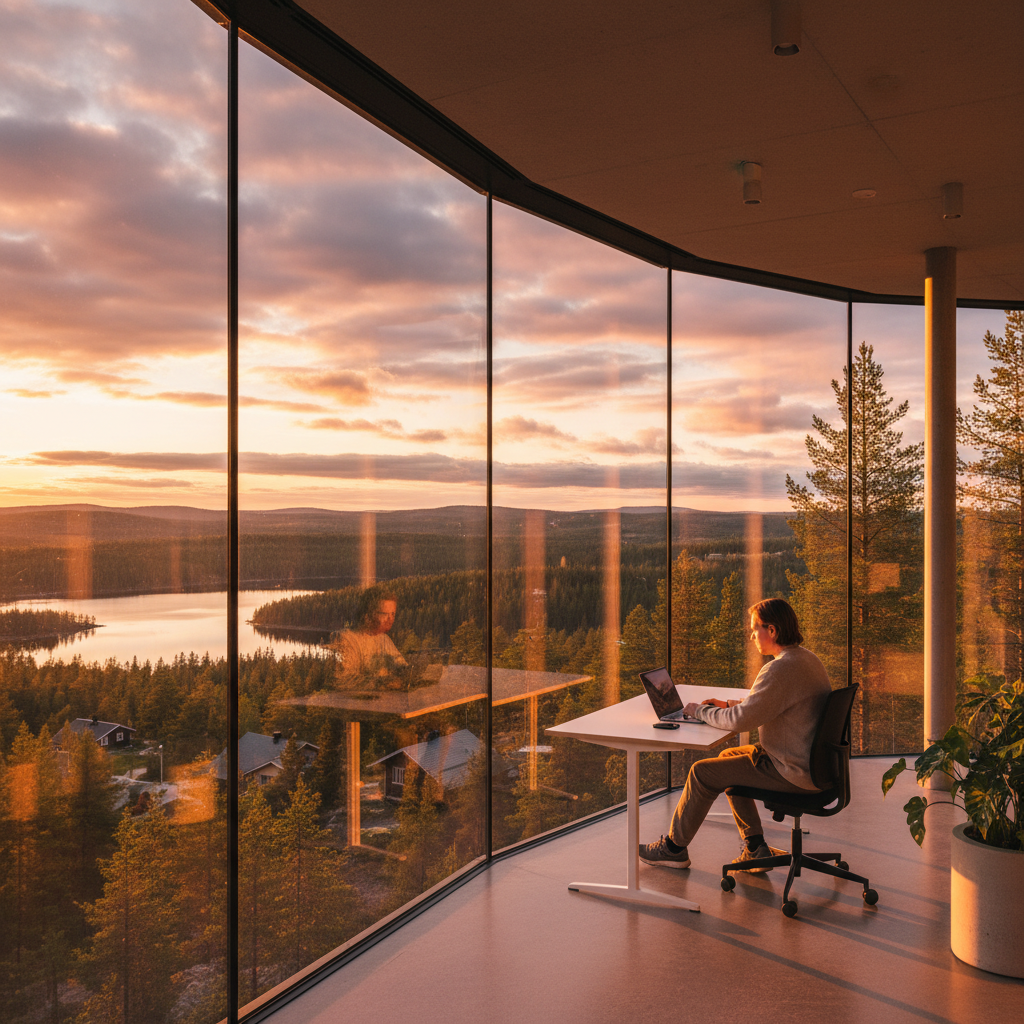 Finnish person working on laptop in modern office horizontal