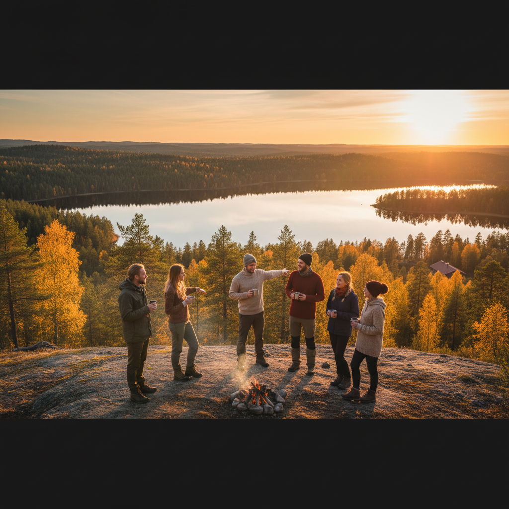 Group of friends meeting outdoors in Finland horizontal