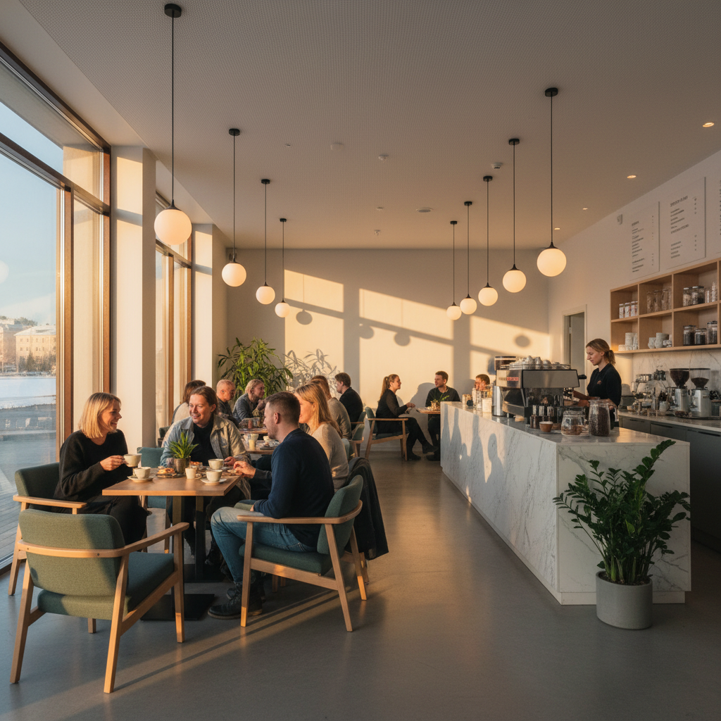 Modern cafe interior with people socialising Finland horizontal