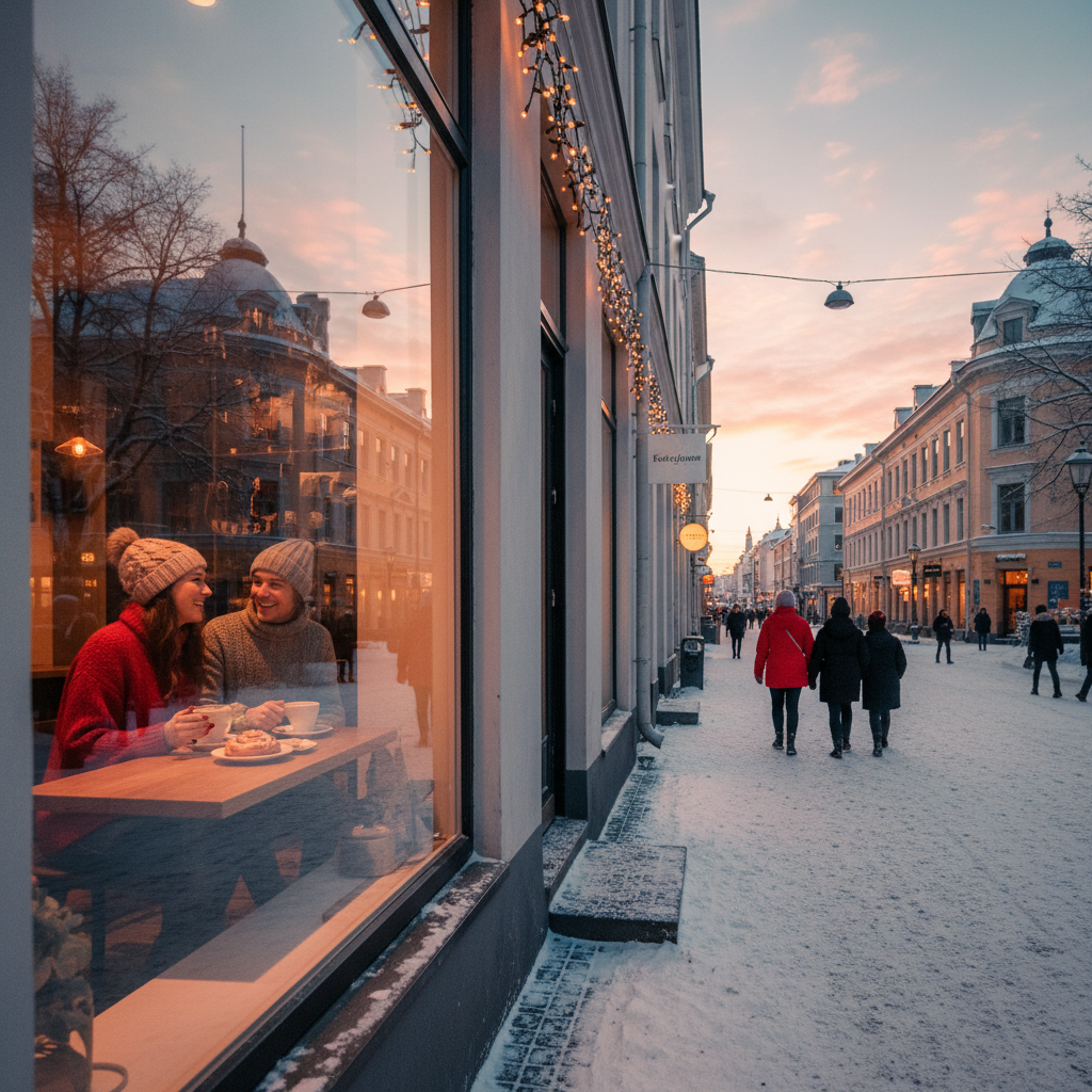 Finnish couple coffee date Helsinki cafe cozy winter