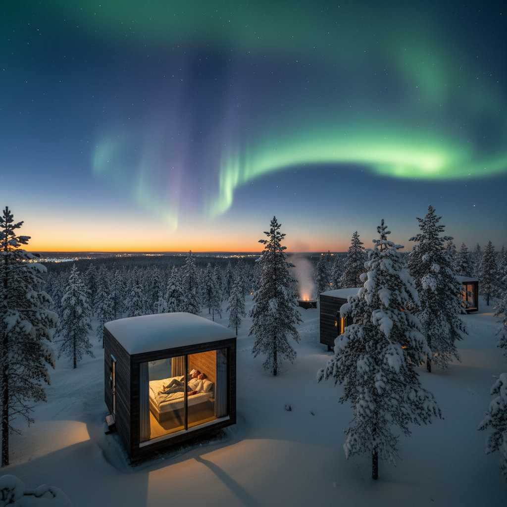 Arctic TreeHouse Hotel glass ceiling northern lights Rovaniemi