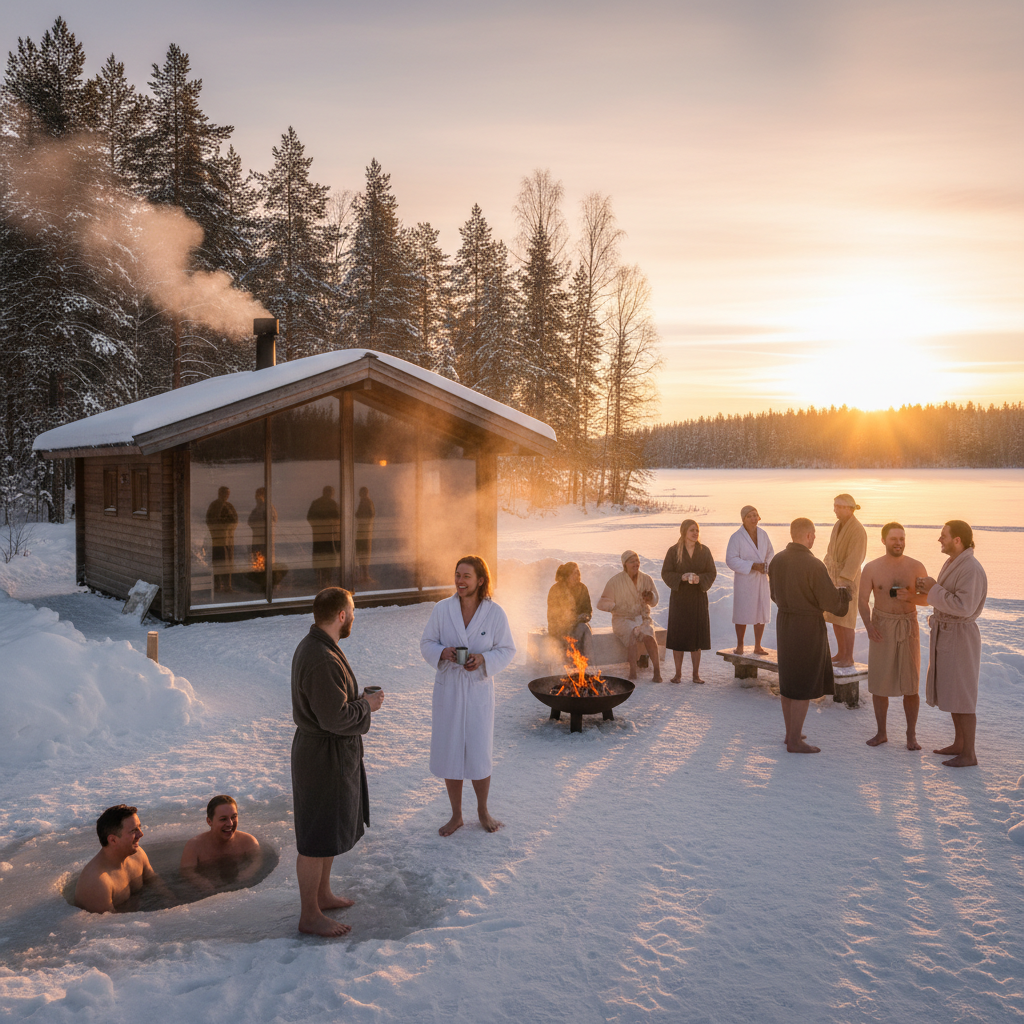 Finland diverse people sauna social gathering connection winter